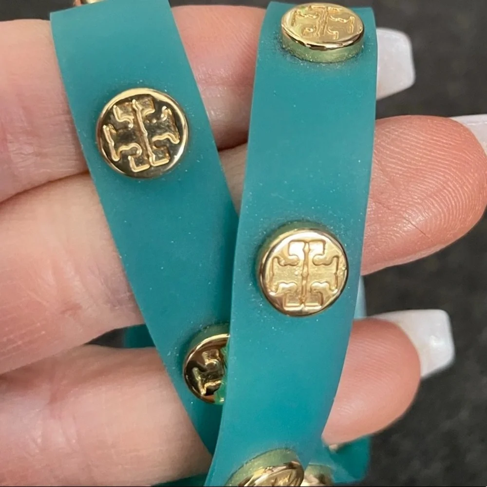 Tory Burch Logo Studded Jelly Wrap Turquoise Bracelet